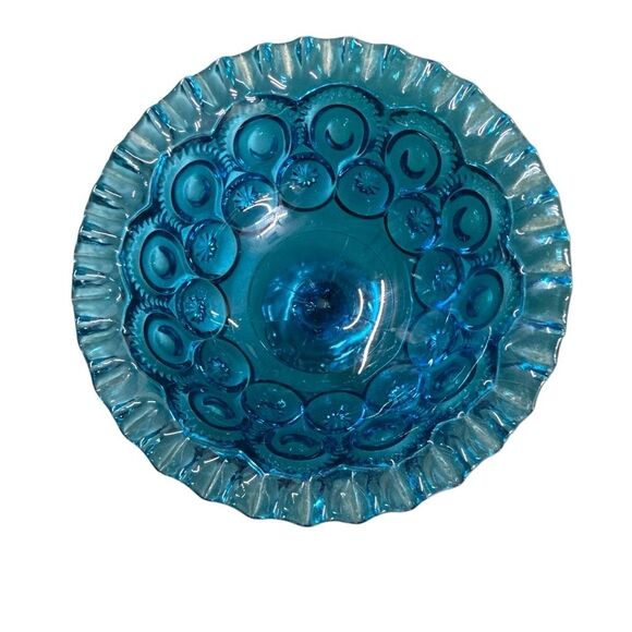 Vintage LE Smith Blue Moon and Stars Glass Ruffle Pedestal Compote Bowl Dish - Picture 7 of 7